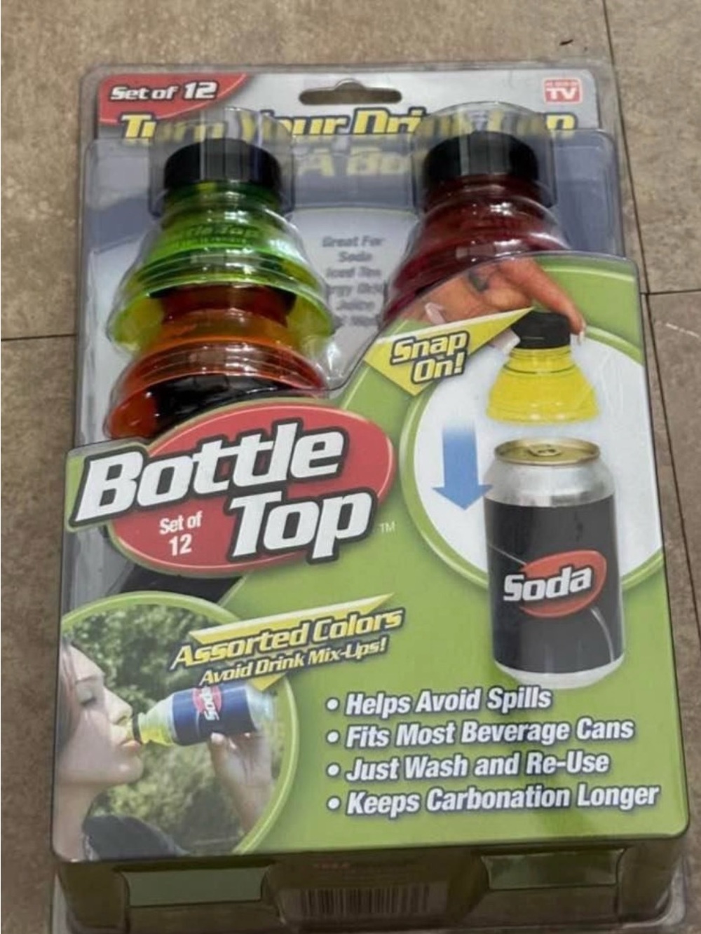 Le Top Bottle Top Snap-On Lids in Green, Red, Yellow and Orange - Set of 12